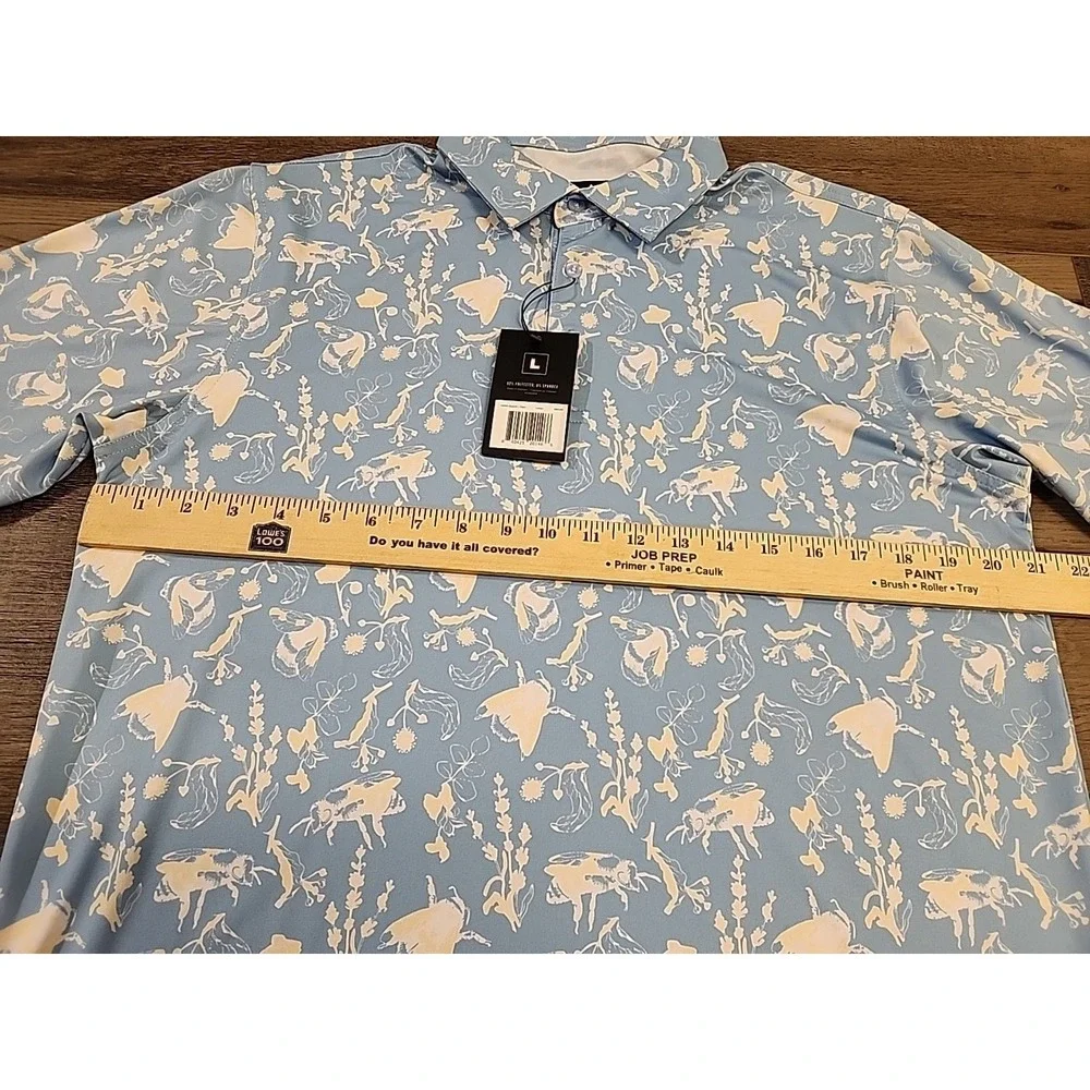 Waggle Buzzin Polo Shirt Mens Large Blue Bee Floral Print Performance Stretch - Picture 4 of 4